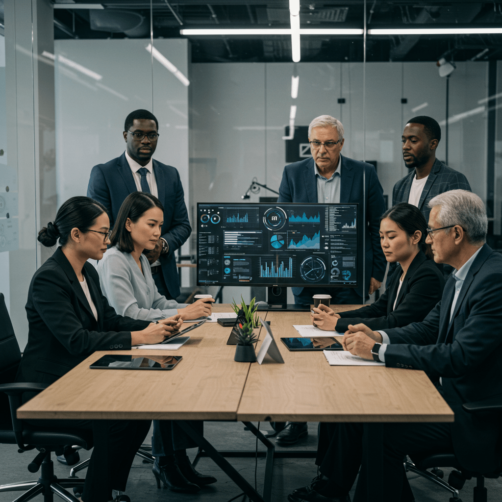 Diverse technology leaders collaborating in a modern office with digital data and AI interfaces, representing fractional CTO leadership and crisis management