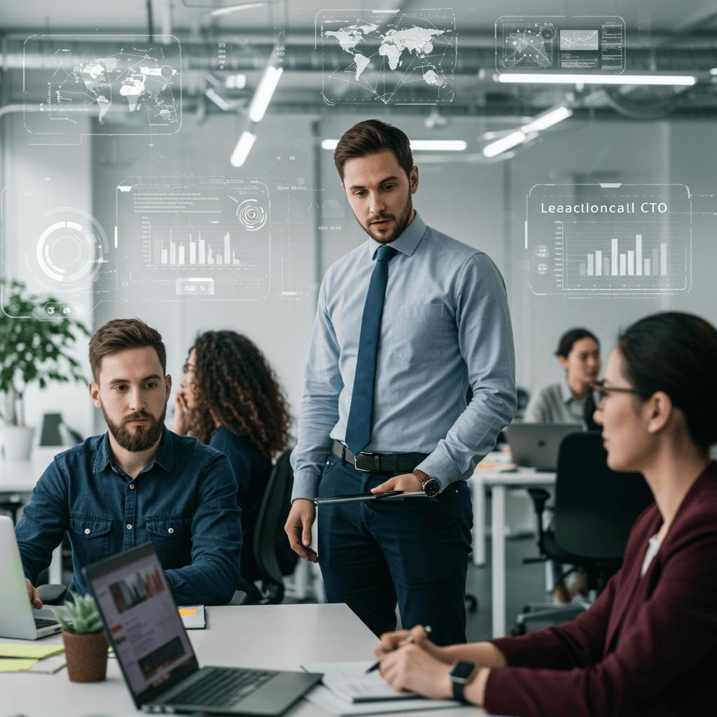 Diverse tech professionals collaborating in a modern office with a fractional CTO leading, symbolising tech recruitment and innovation in UK startups