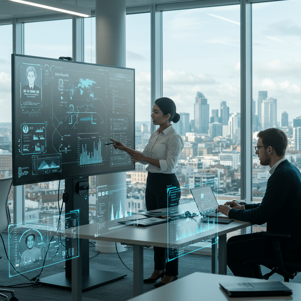 Diverse tech professionals collaborating in a modern office with digital AI recruitment elements and a UK city backdrop