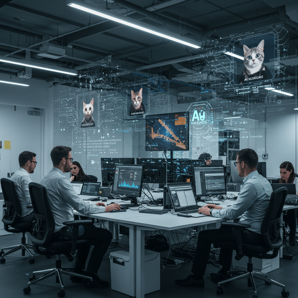 Diverse professionals collaborating in a modern office with digital screens showing AI cat profiles and futuristic technology elements, representing CTO as a Service and startup innovation in the UK.