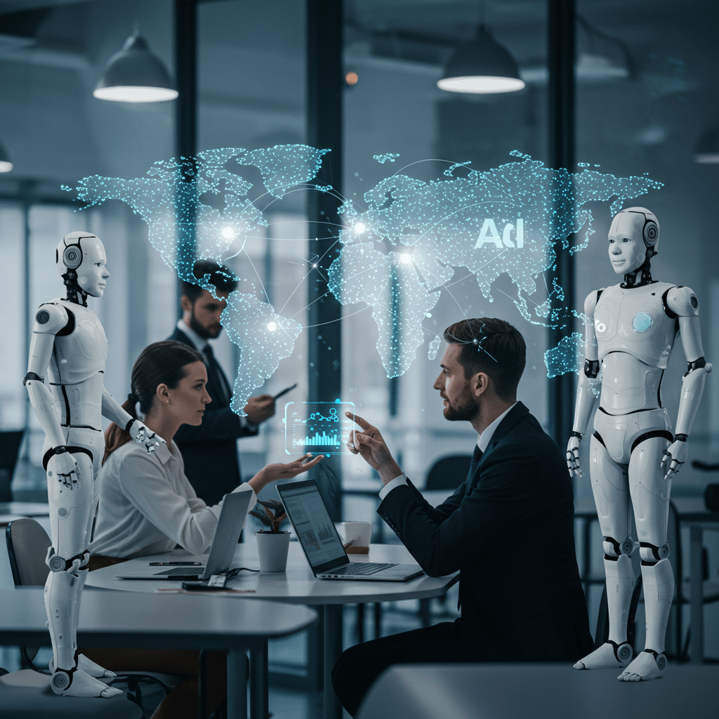 Futuristic global business environment with AI agents interacting with professionals, symbolising automation, collaboration, and global AI-driven operations