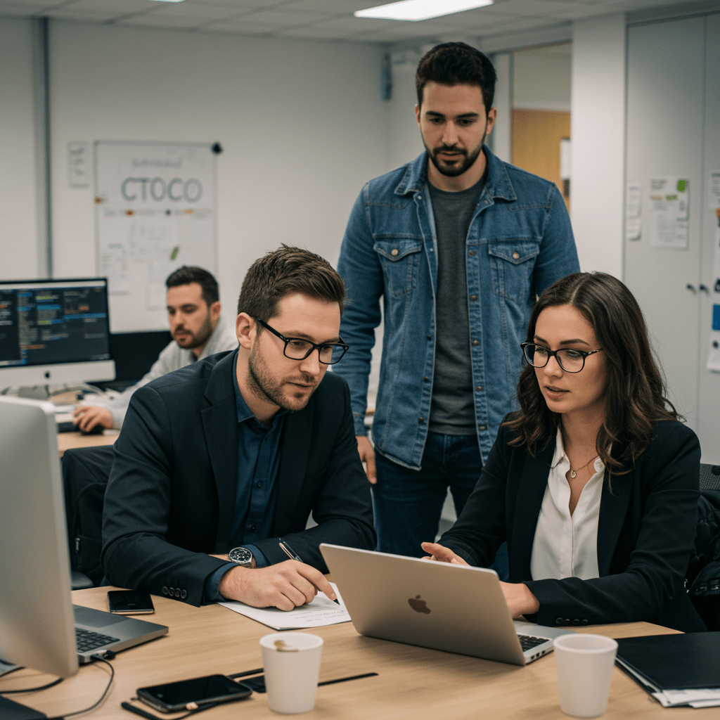 Diverse UK startup and SME team collaborating with a fractional CTO in a modern office environment focused on tech talent recruitment and leadership