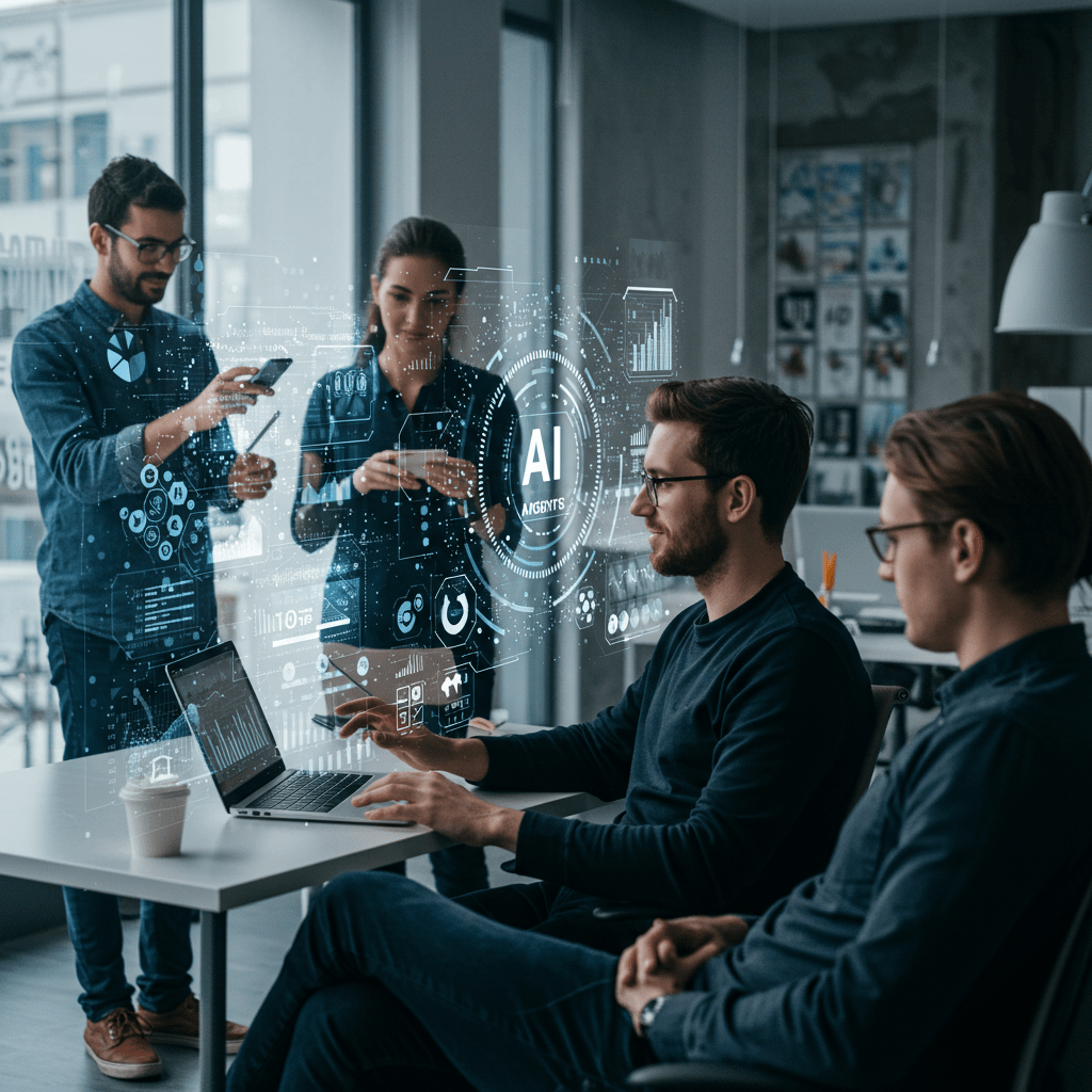 A futuristic and diverse group of startup professionals collaborating with AI technology, digital interface elements showing automation and data analytics, modern office environment, vibrant colours, representing innovation and growth in AI agents platform for startups