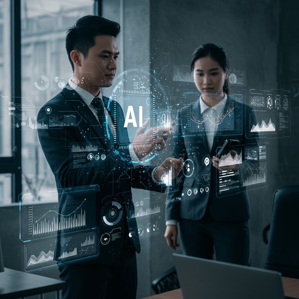 Diverse professionals collaborating with AI technology and digital data interfaces symbolising AI-driven business growth and innovation