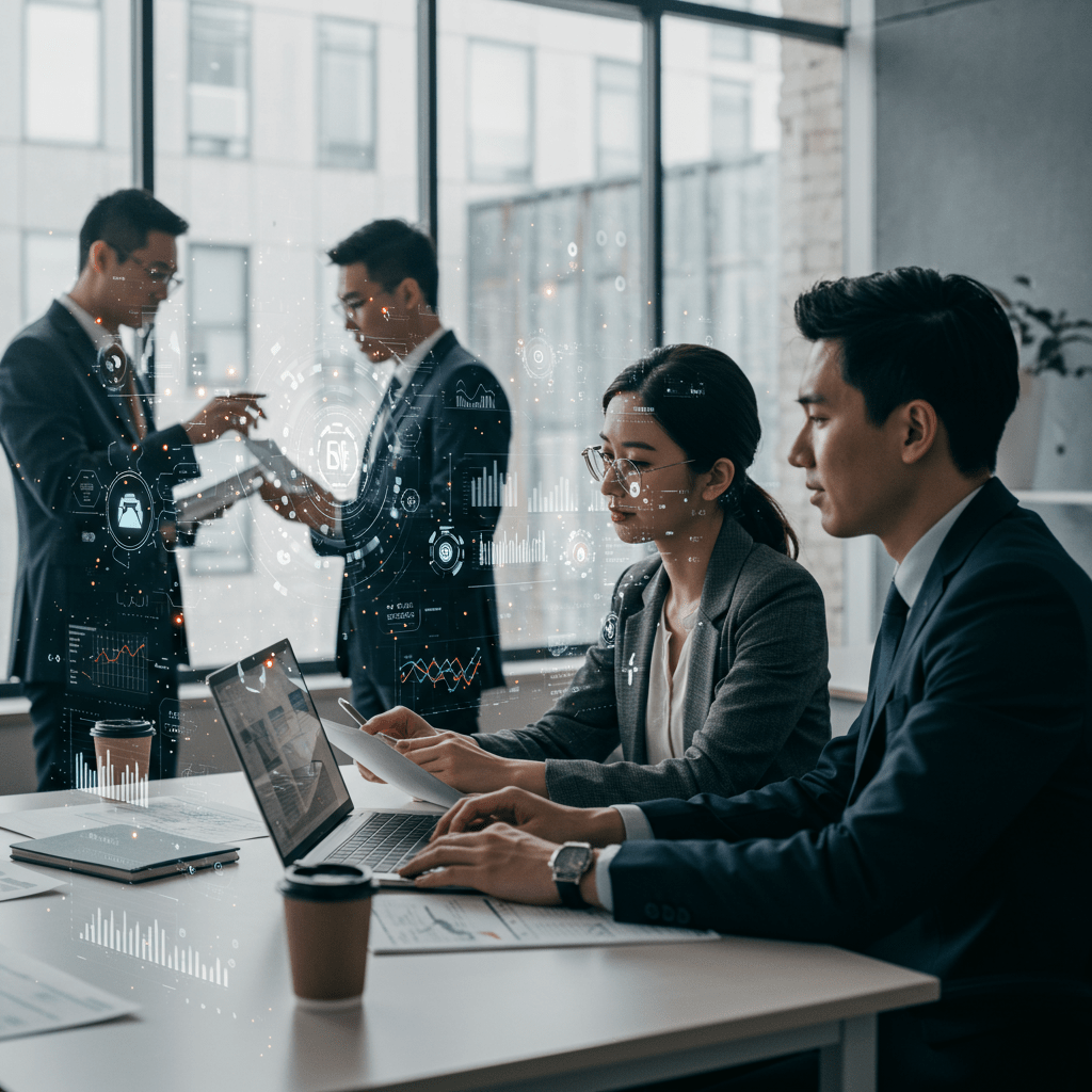 Diverse professionals collaborating with AI technology and digital interfaces in a modern office, symbolising automation and innovation