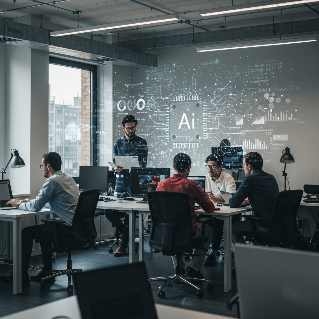 Diverse professionals collaborating in a modern office with AI technology elements symbolising AI integration in CTO services for UK startups