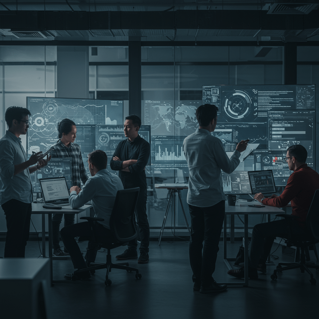 Diverse tech professionals collaborating in a modern office with digital screens displaying crisis management data, representing tech team preparedness and resilience in the UK.