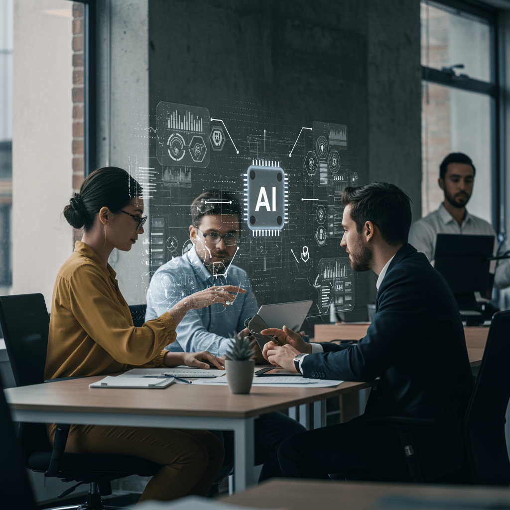 Diverse professionals in a modern UK office collaborating with AI technology and digital interfaces showing AI agents and data analytics for business integration and growth