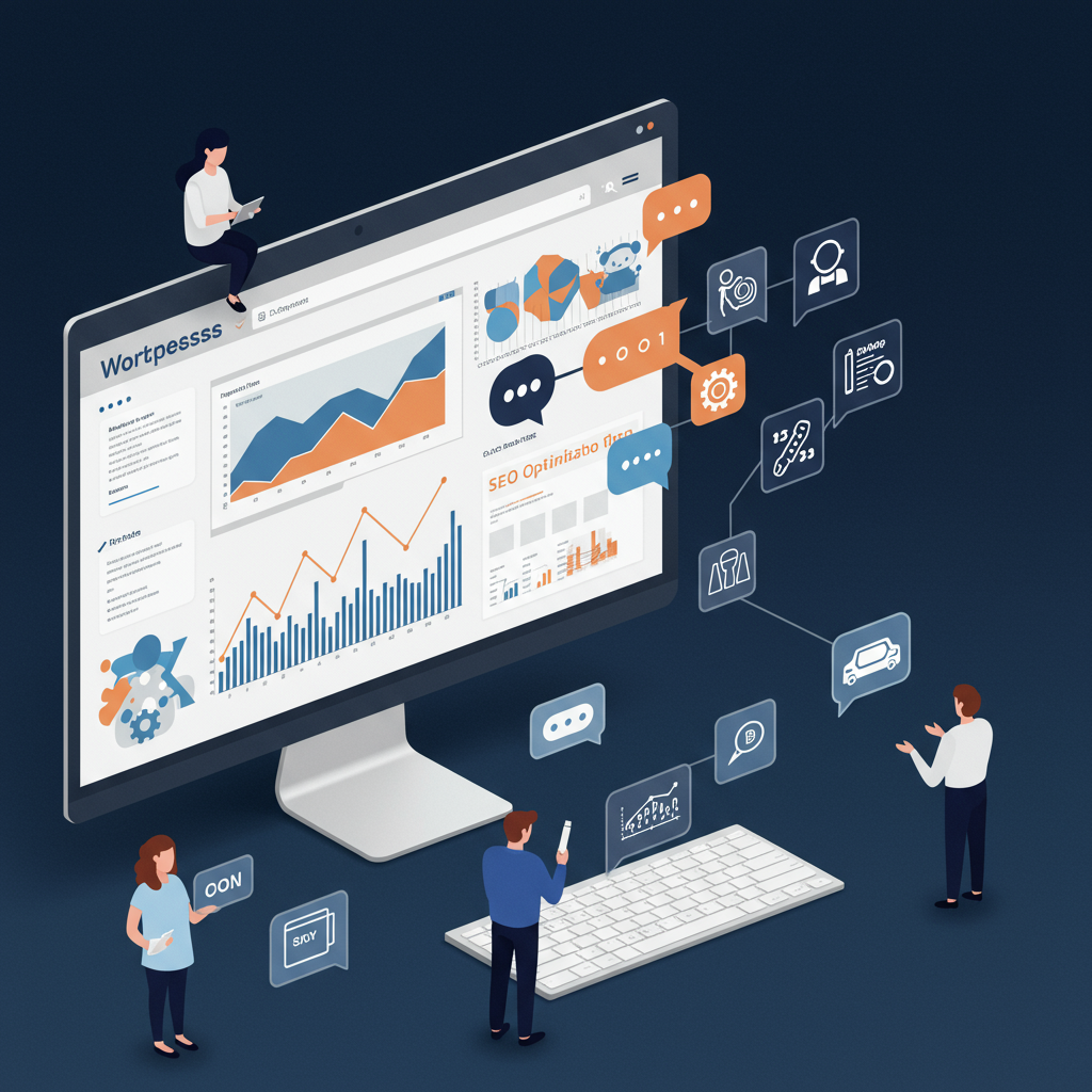 Modern WordPress dashboard with AI chatbot, SEO graphs, and e-commerce icons representing automation and user engagement for UK businesses