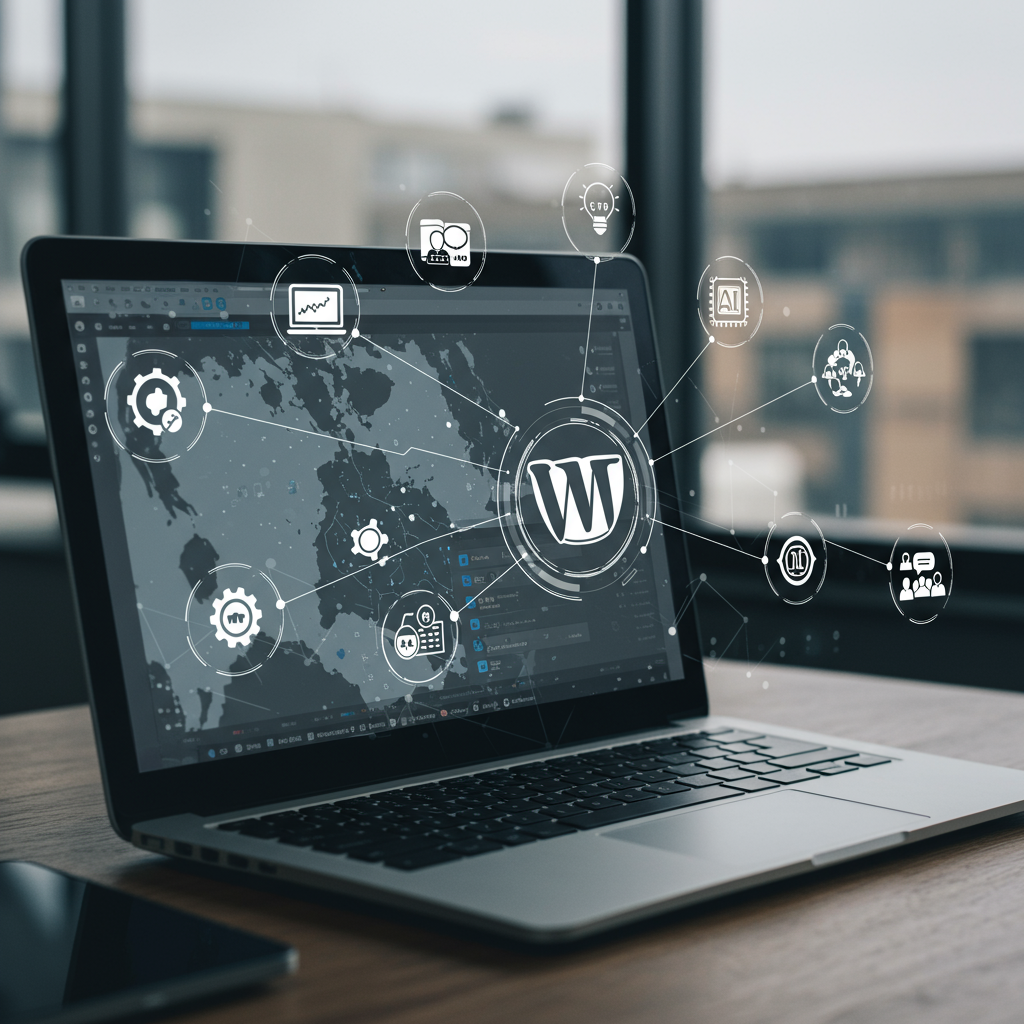 Digital marketing concept with WordPress dashboard, local SEO, AI marketing icons, and UK small business growth elements