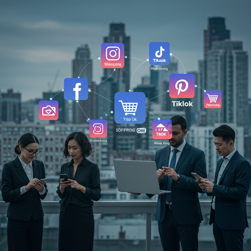 UK business people using smartphones and laptops with social media shopping icons and a modern UK cityscape background