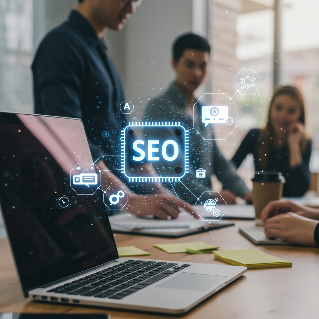Modern office workspace with laptop and AI digital marketing icons, symbolising AI-driven content creation and SEO optimisation for UK small businesses