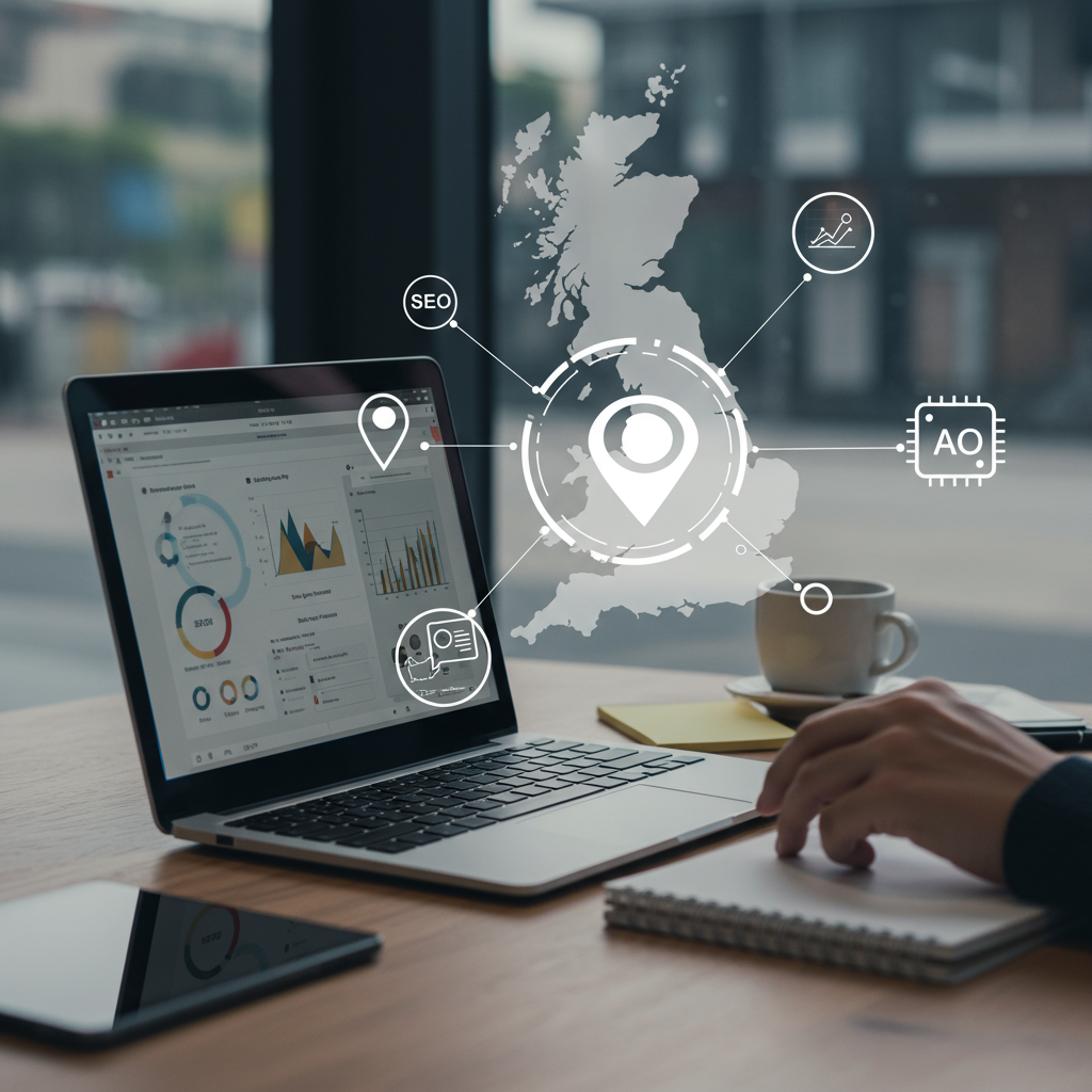 Modern office with laptop showing WordPress dashboard and digital marketing icons representing local SEO automation for UK SMEs