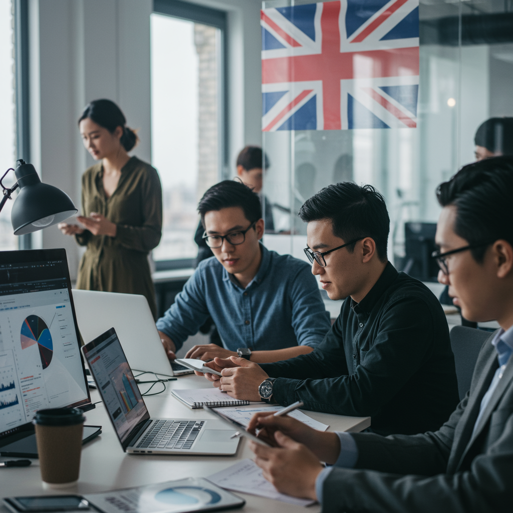 Diverse professionals collaborating in a modern office with digital devices, symbolising CTO as a Service and IT outsourcing for UK startups with a subtle UK flag element in the background