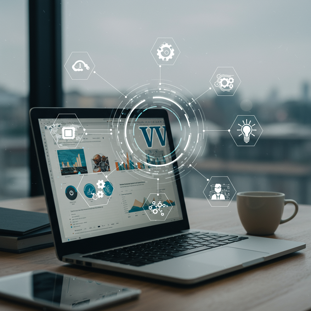 Modern office workspace with laptop showing WordPress dashboard and digital icons for AI and automation, symbolising business efficiency and technology integration in the UK