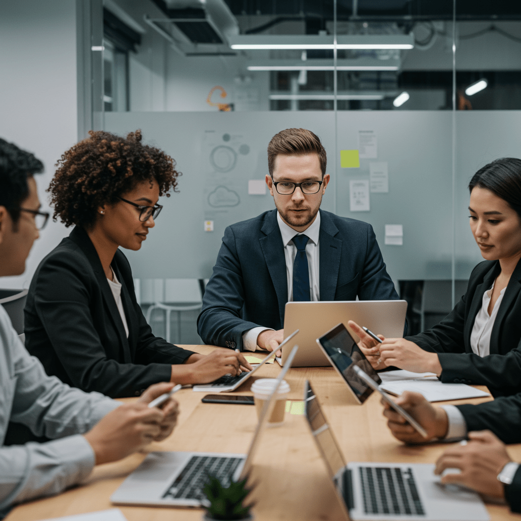 Diverse startup founders collaborating with a fractional CTO in a modern office environment around laptops and digital devices, symbolising technology leadership and innovation.
