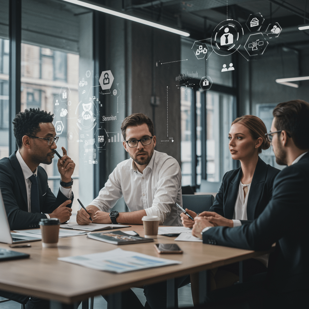 Diverse professionals collaborating in a modern office with digital technology icons, symbolising fractional CTO recruitment and tech leadership in UK startups
