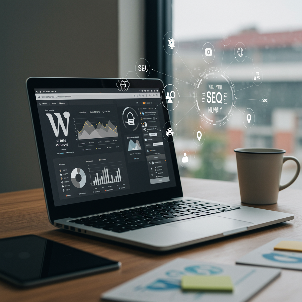 Modern workspace with laptop showing WordPress dashboard and digital marketing icons representing local SEO and AI marketing automation for UK SMEs