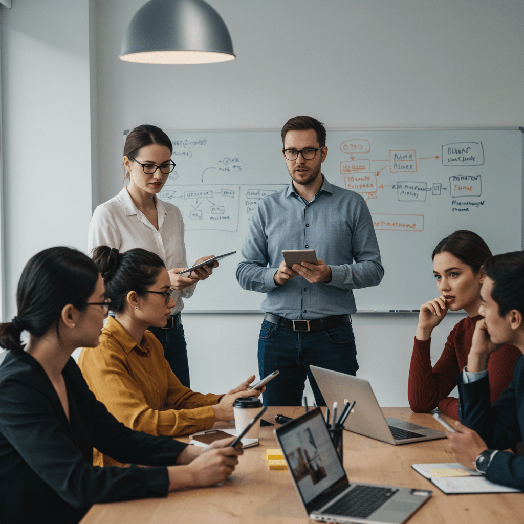 A diverse group of startup founders and a CTO collaborating in a modern office with laptops and tech diagrams, symbolising innovation and leadership in a UK startup environment.