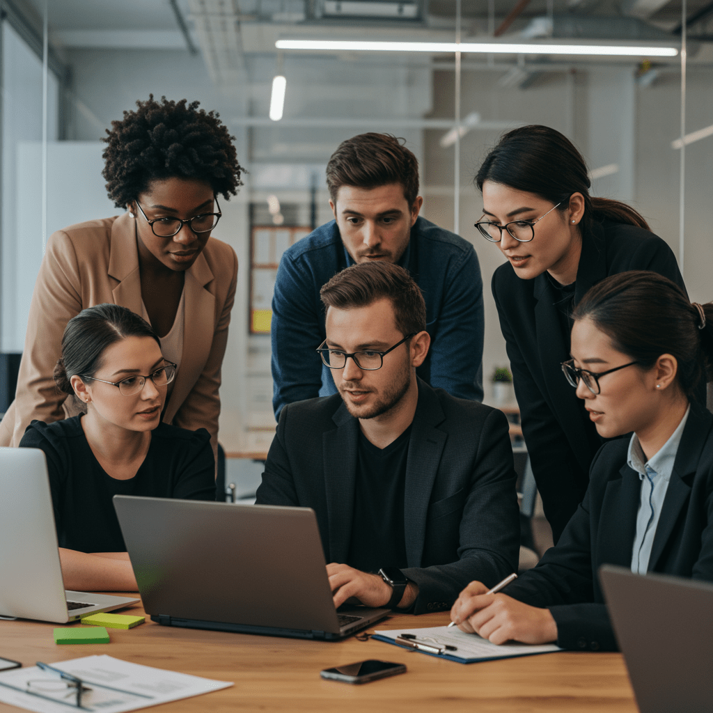 Diverse group of startup founders and a fractional CTO collaborating in a modern office setting, symbolising technology leadership and equity partnership in UK startups