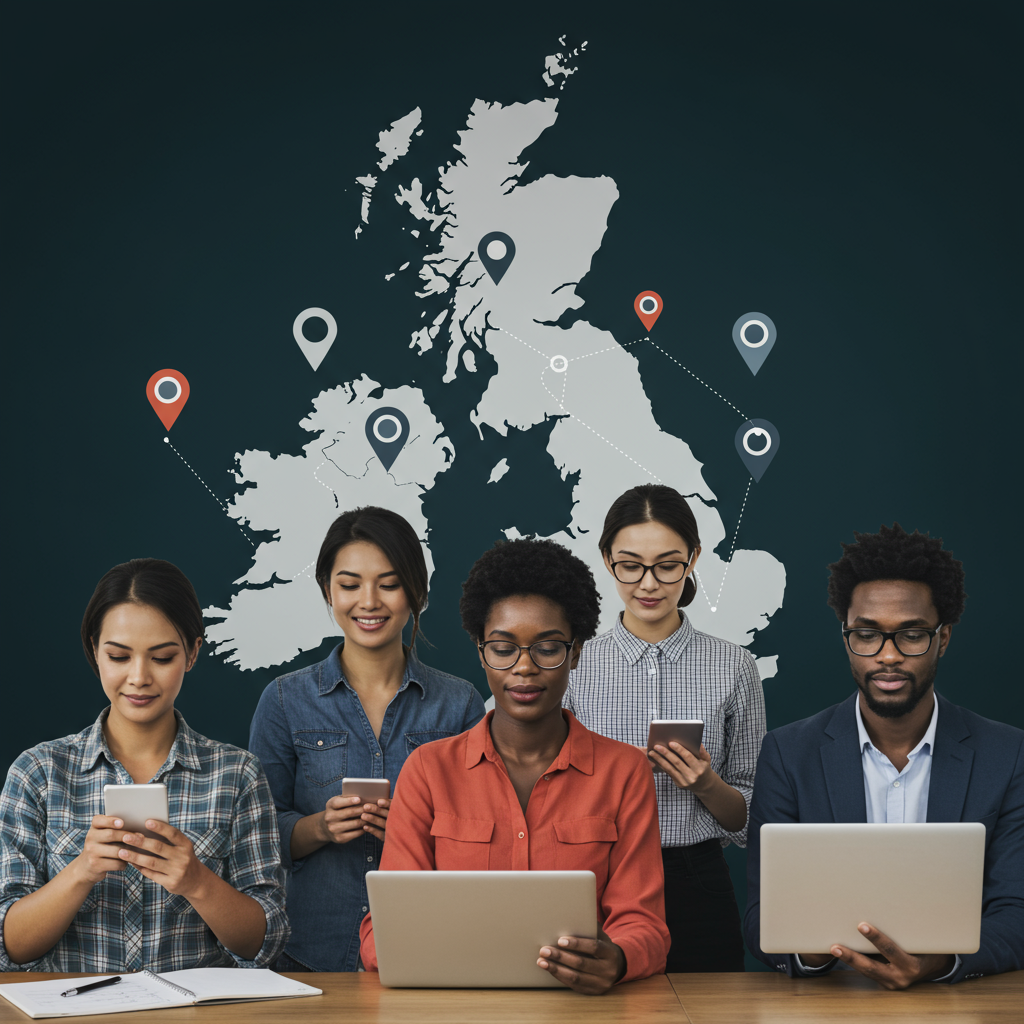 UK small business owners using digital devices with a UK map and location pins representing geo-targeted SEO and AI technology integration for local marketing