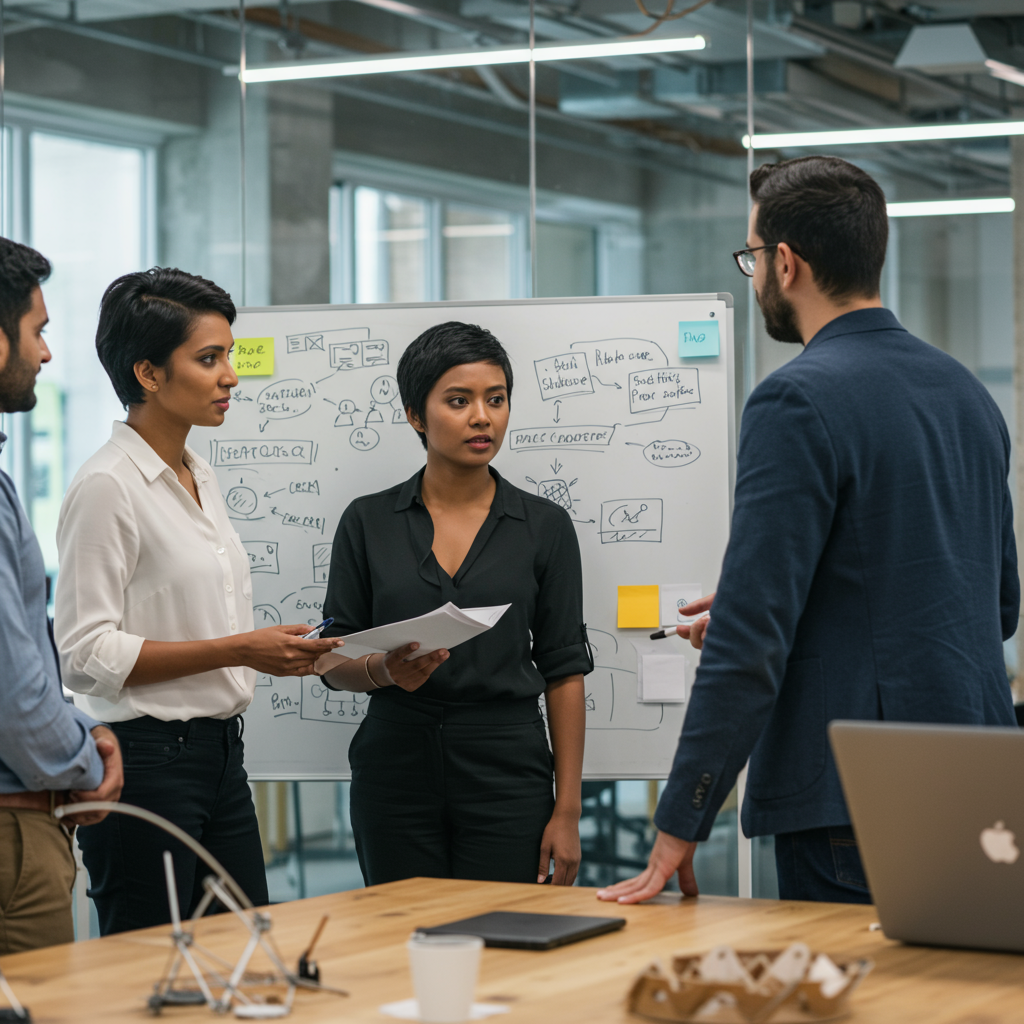 Diverse technology leaders collaborating in a modern office, symbolising innovation and teamwork for UK startups