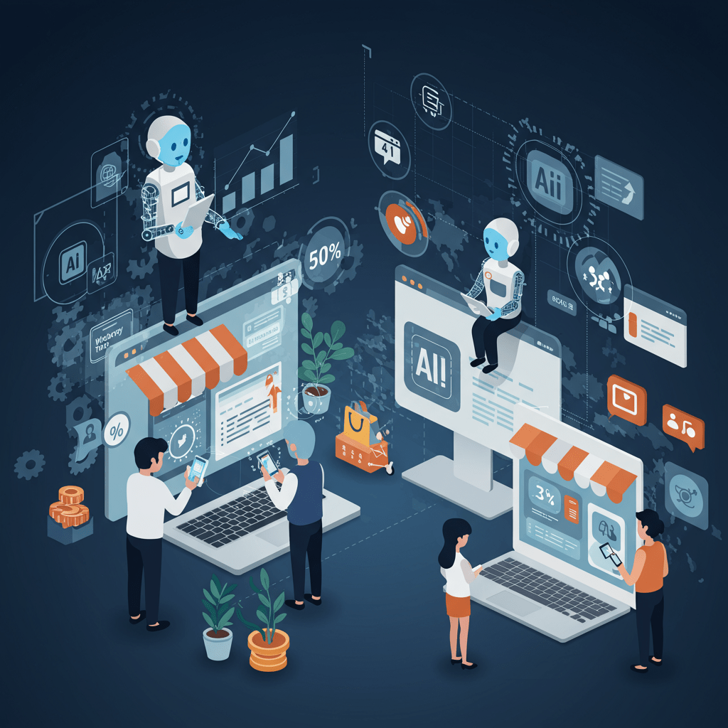 Futuristic ecommerce scene with AI agents automating WooCommerce and Shopify stores, showing digital storefronts, diverse users, and AI-driven growth and efficiency in online retail