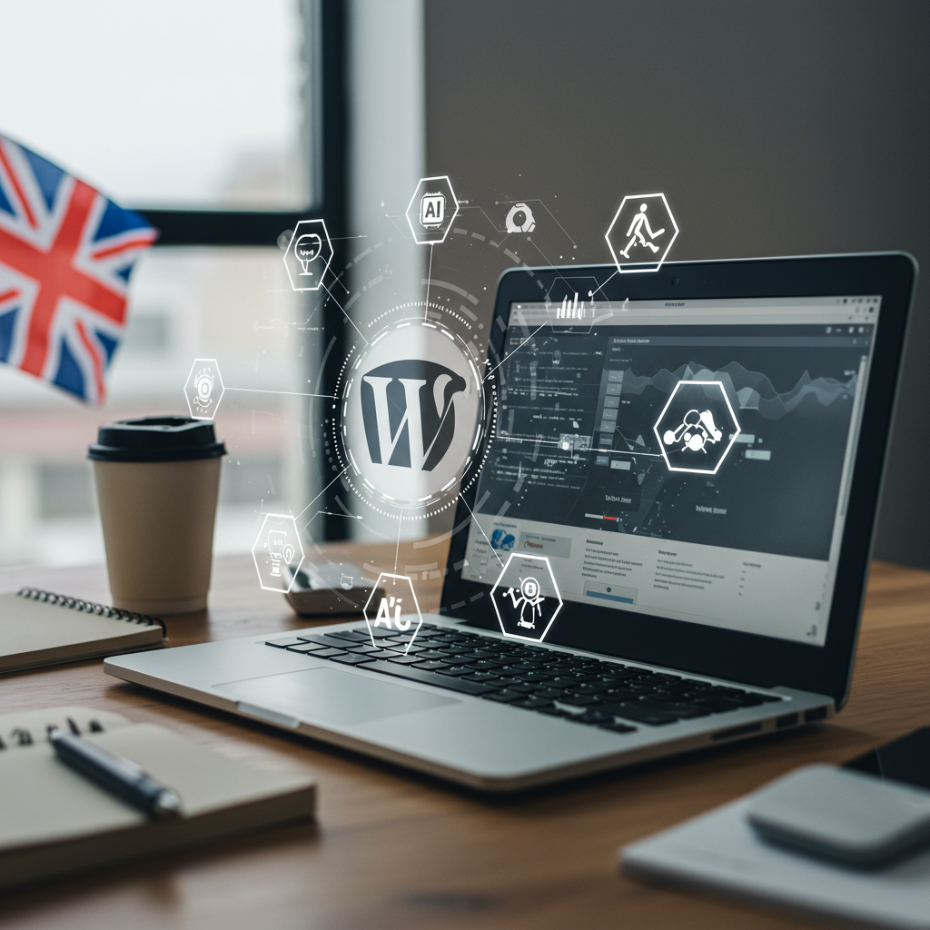 Modern workspace with laptop showing WordPress dashboard, AI icons, and digital automation symbols, highlighting AI integration and automation for UK businesses