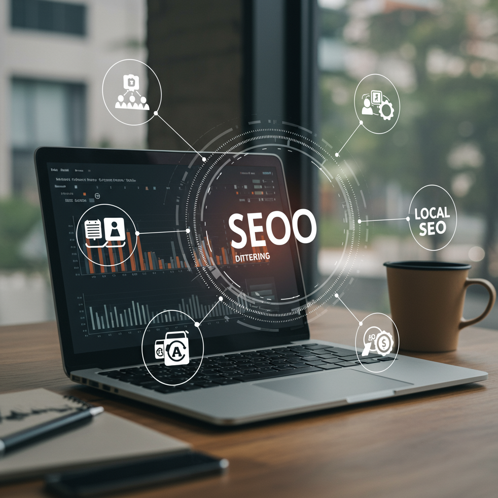 Modern e-commerce workspace with laptop showing SEO analytics and digital marketing icons representing AI and local SEO automation for UK SMEs