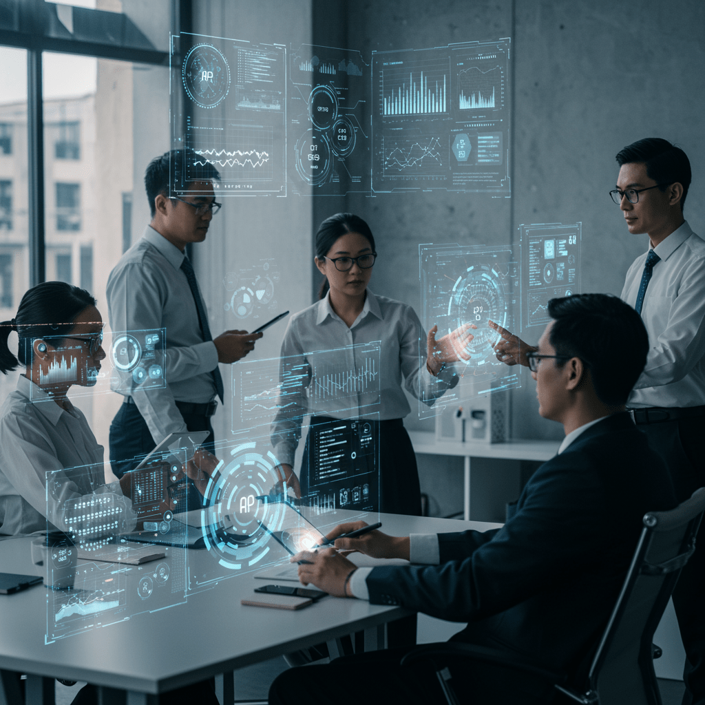 Futuristic office with diverse technology leaders collaborating using AI-powered digital interfaces and automation tools, representing innovation in CTO services automation 2025