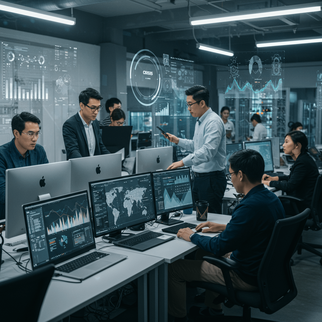 Diverse tech startup team collaborating in a modern office with digital devices and data screens, symbolising crisis management and leadership