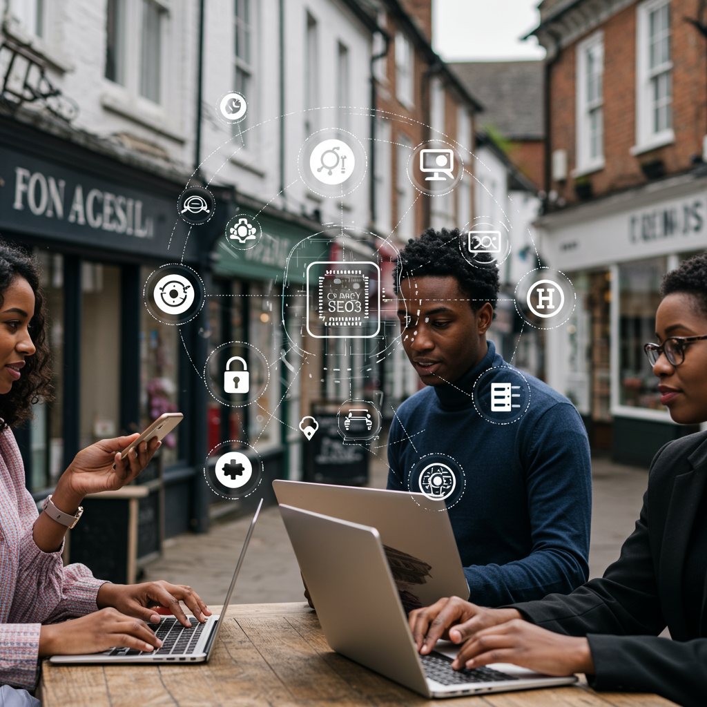 Diverse UK small business owners using AI technology with digital local SEO icons in a vibrant local town setting