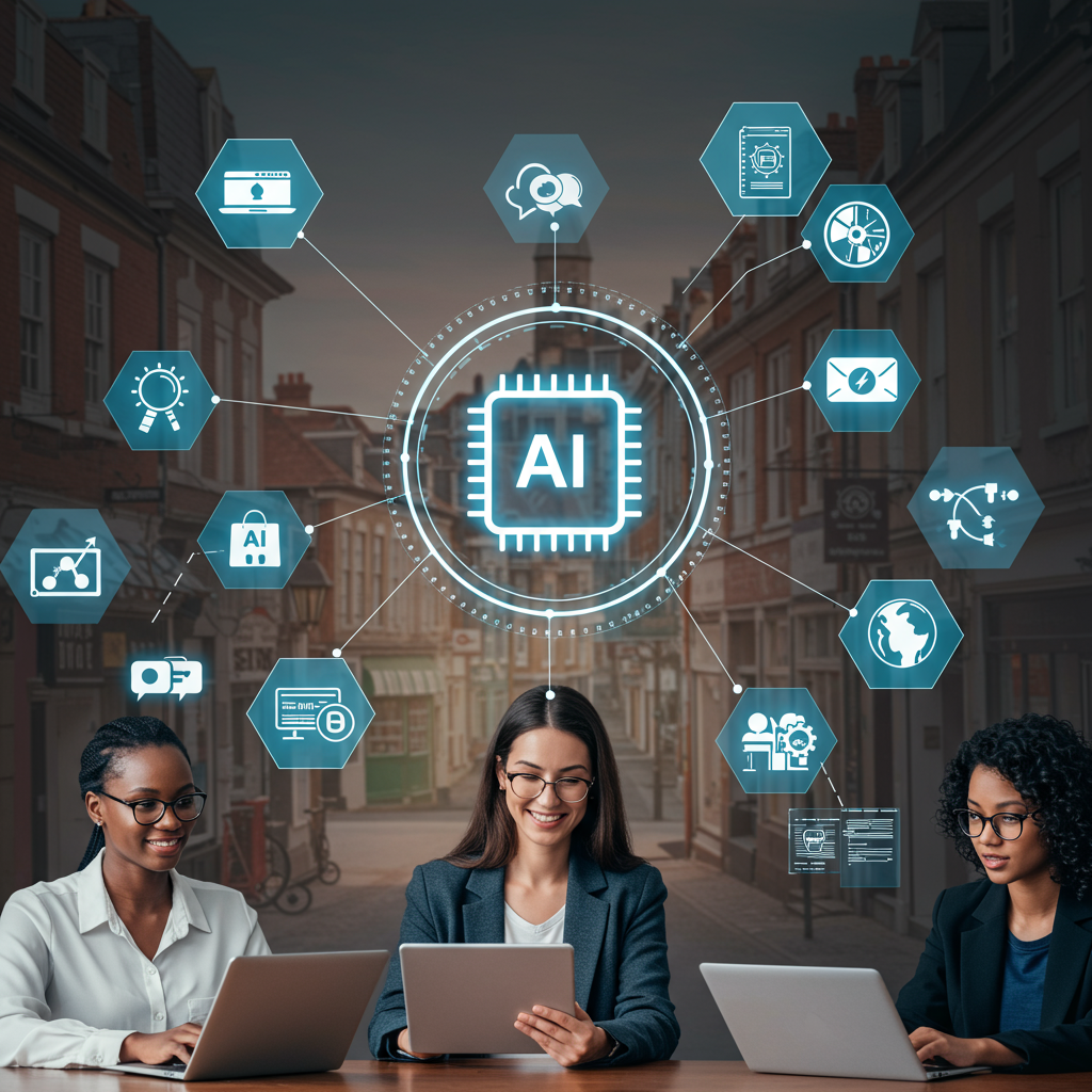 Diverse UK small business owners using AI technology with icons for ethical AI, data privacy, and marketing automation in a cityscape background