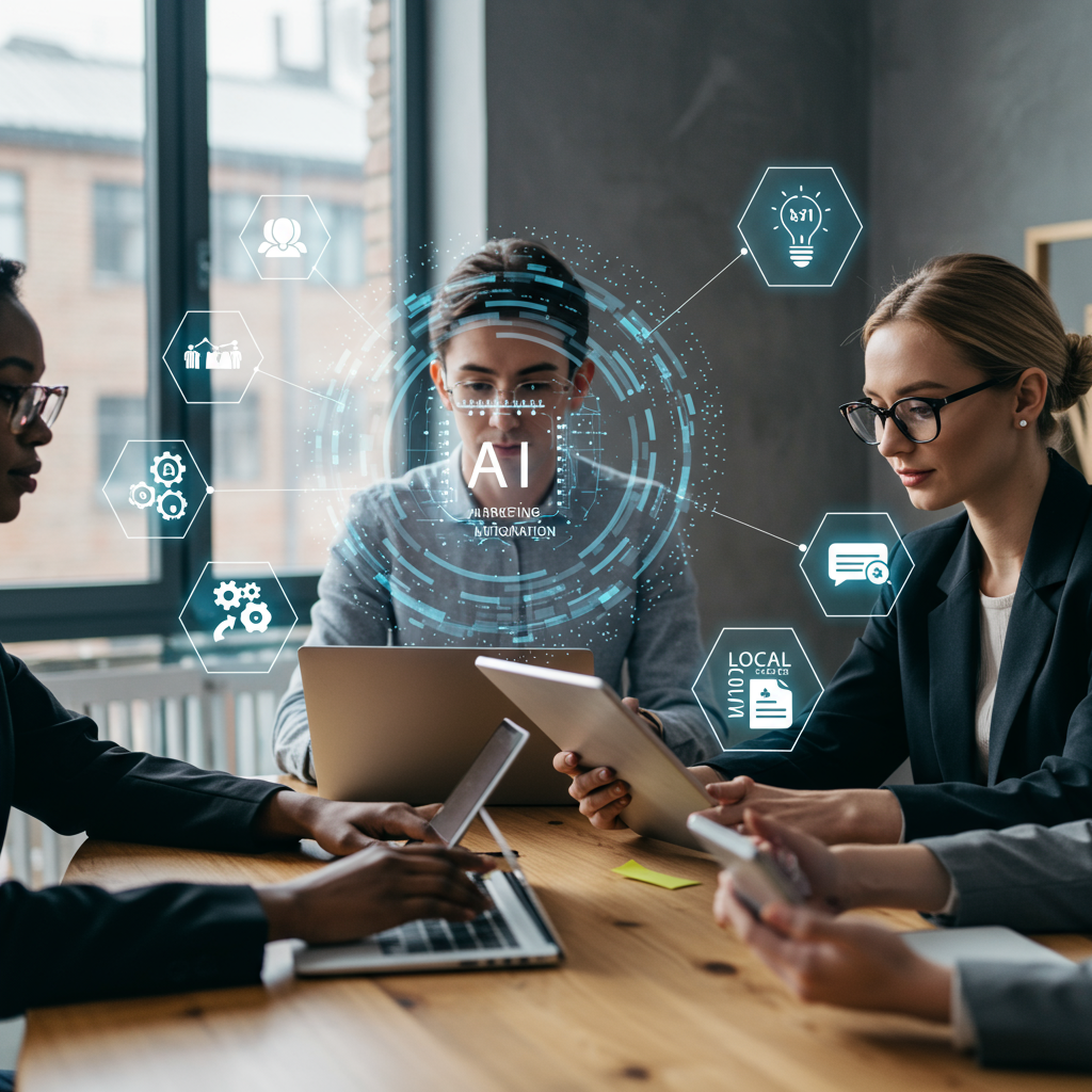 Diverse UK small business owners using AI technology in a modern office, surrounded by digital icons of AI, marketing automation, and local SEO representing innovation and progress in 2024.