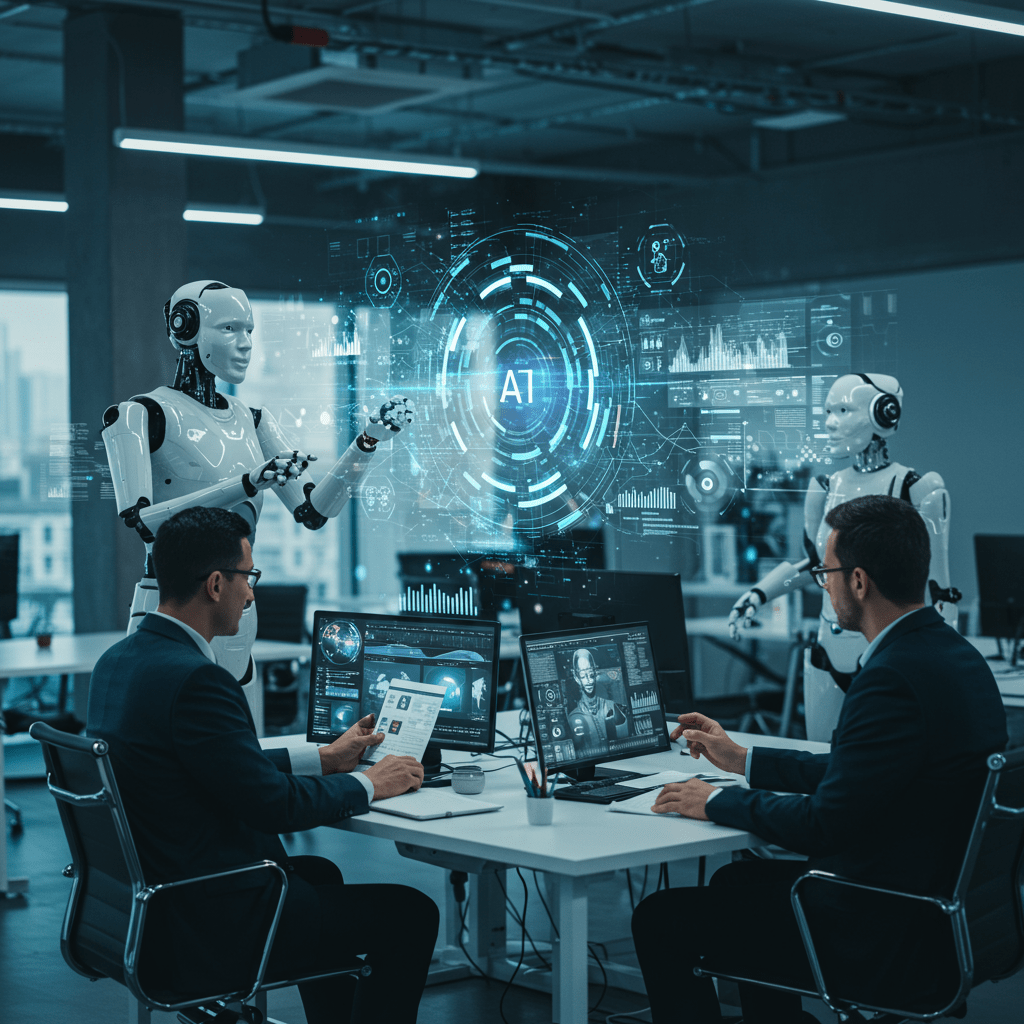 Futuristic office with diverse AI agents and human tech leaders collaborating, symbolising AI integration in tech leadership and workforce automation