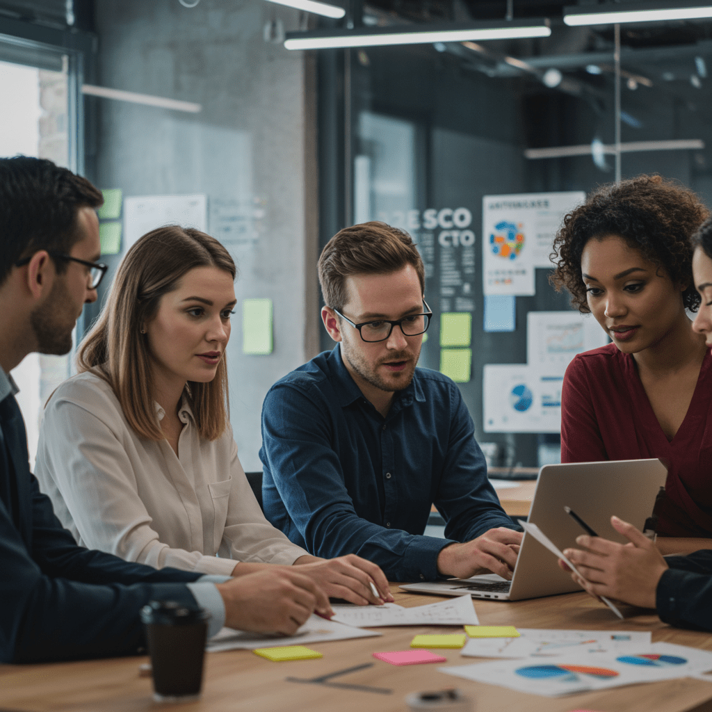 Diverse UK startup founders and a fractional CTO discussing technology strategy and cost savings in a modern office setting