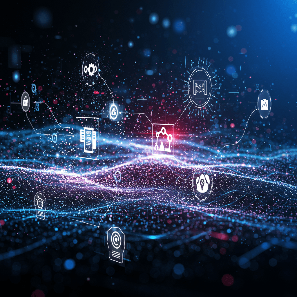 Futuristic digital landscape with AI neural networks, robotic automation, and data streams symbolising innovation in technology leadership and AI-driven solutions