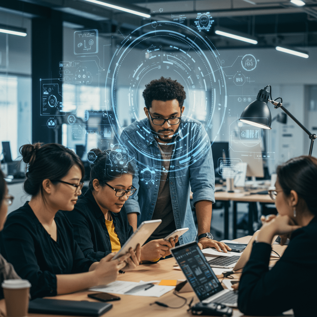 A diverse team of tech professionals collaborating in a modern office, symbolising leadership and crisis recovery in a tech startup environment