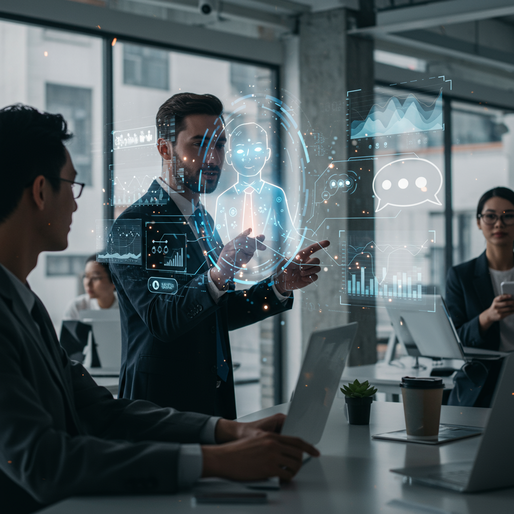 Futuristic digital marketing scene with AI agents as holographic chat bubbles interacting with business professionals in a modern office environment, symbolising automation and personalised customer engagement in 2024