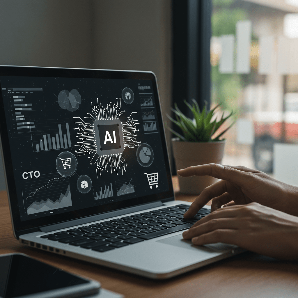 Modern ecommerce workspace with AI automation dashboards and a fractional CTO analysing data, symbolising AI ecommerce automation and technology leadership