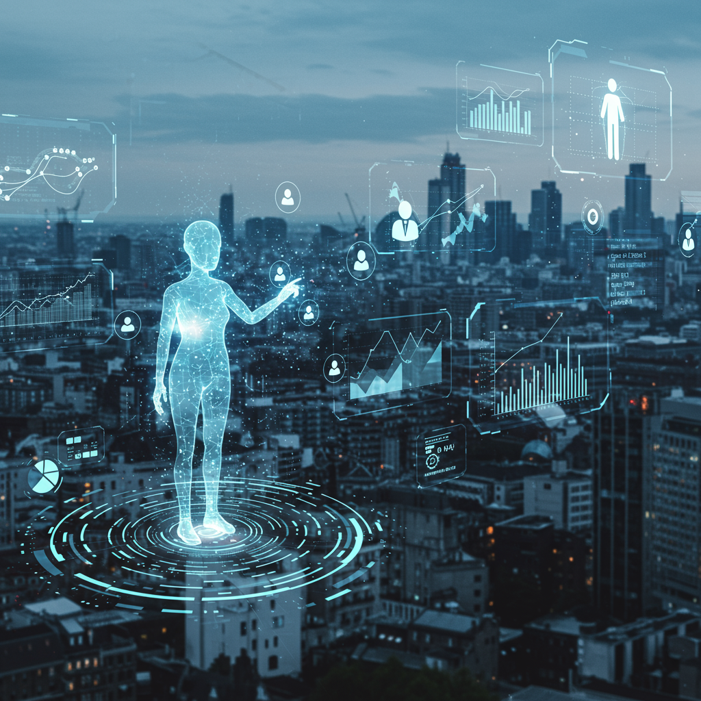 Futuristic digital marketing scene with AI agents interacting with digital interfaces and social media icons against a modern UK cityscape background.