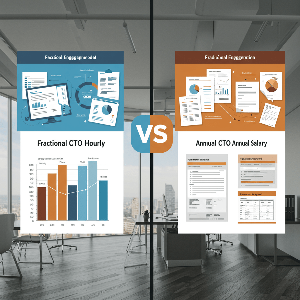 Comparison of costs and financial documents showing fractional CTO hourly rates versus full-time CTO annual salary in a UK startup setting, business finance concept, modern office background