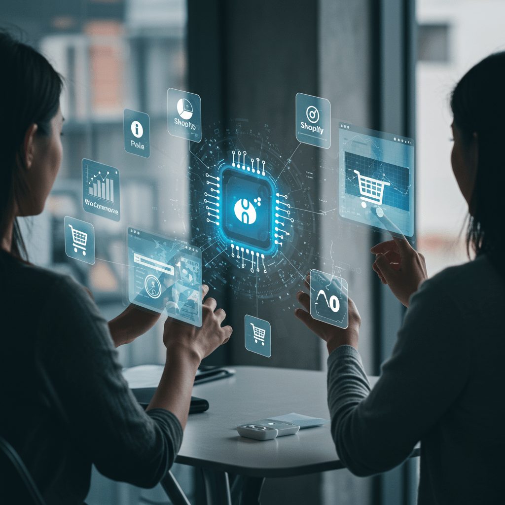 Futuristic ecommerce scene with AI agents managing digital interfaces, shopping carts, and data analytics, symbolising WooCommerce and Shopify integration in a vibrant business environment