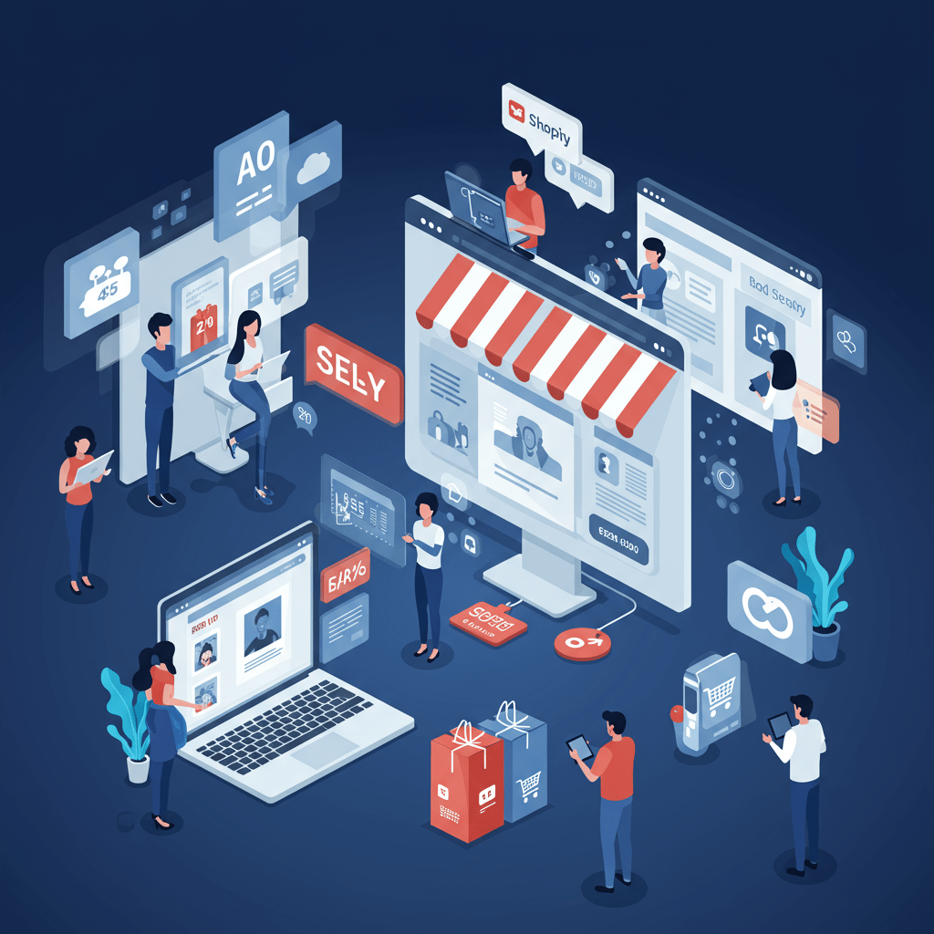Futuristic ecommerce scene with AI agents automating sales and content creation on WooCommerce and Shopify platforms, featuring diverse people and digital interfaces in a modern vibrant style