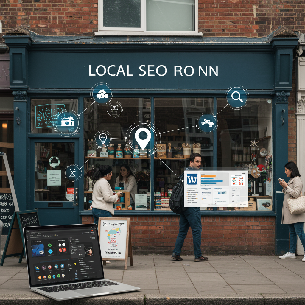 A modern UK small business storefront with digital overlays showing local SEO elements like Google Maps pin, search results, and digital marketing icons, alongside a laptop displaying a WordPress SEO plugin dashboard in a friendly local neighbourhood setting.