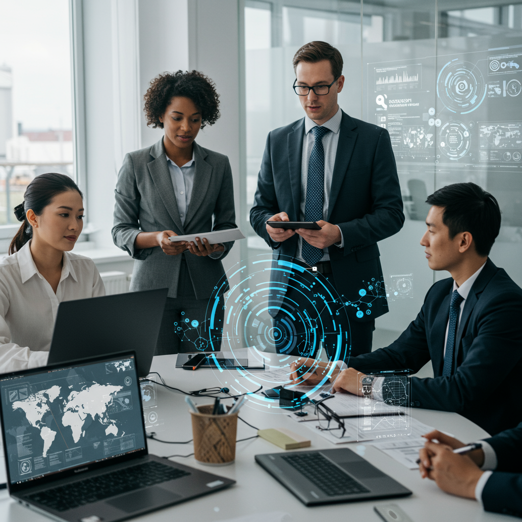 Diverse group of UK SME professionals collaborating with a technology leader in a modern office, symbolising digital transformation and innovation leadership