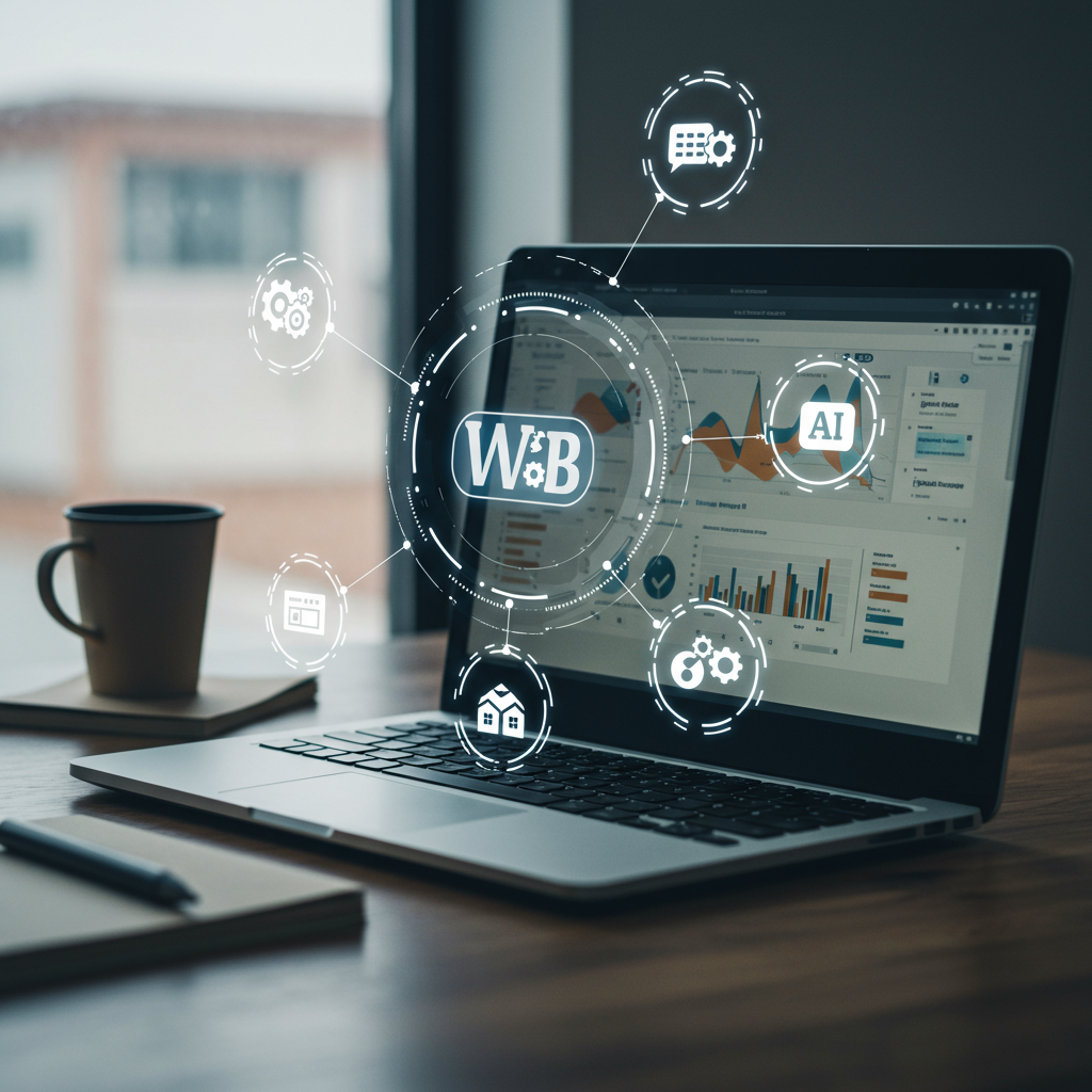 Modern office workspace with a laptop showing WordPress dashboard and icons for local SEO, AI marketing, and automation representing business growth for UK SMEs