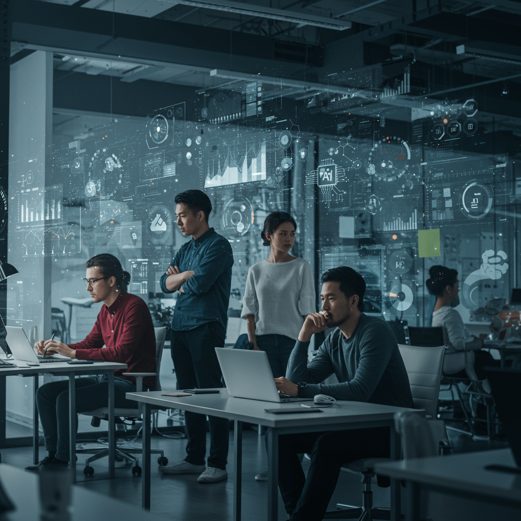 Diverse tech professionals collaborating in a modern office with digital screens and AI technology elements symbolising crisis management and tech leadership