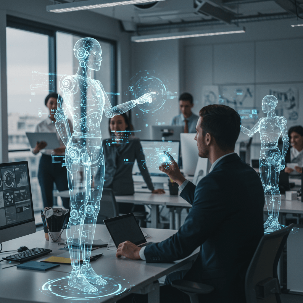 Futuristic office environment with AI agents and human employees collaborating, symbolising workforce automation and business innovation