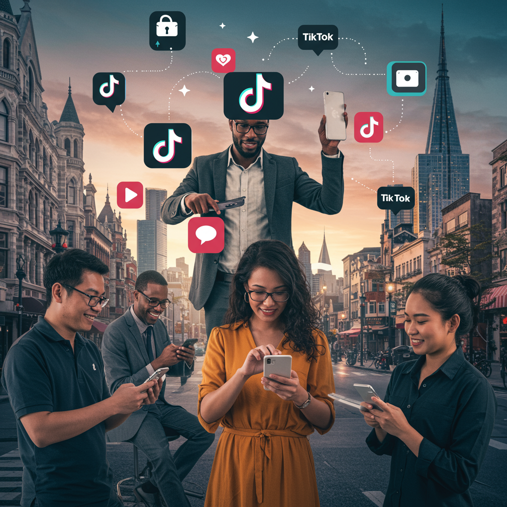 Diverse group of UK small business owners engaging with TikTok on smartphones, with social media icons and a modern UK cityscape background conveying creativity and community.